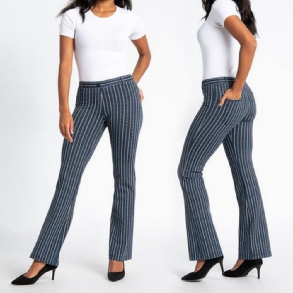 Betabrand Navy Blue Striped Bootcut Flared Ponte Career Yoga Trouser Dress Pants